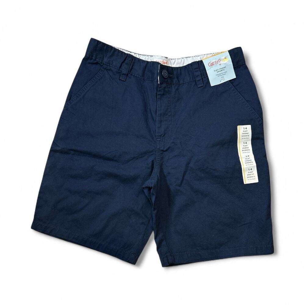 Cat & Jack Boys Flat Front Uniform Shorts Navy Blue Pants Size 14 Adjustable NWT